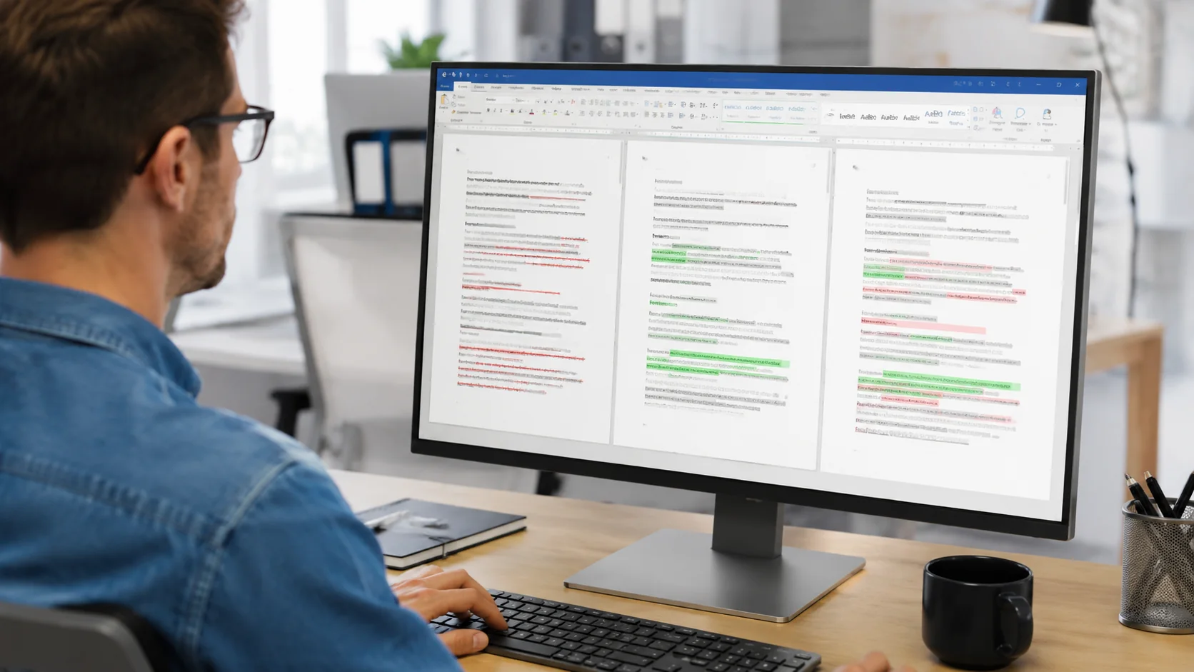 Utilisateur comparant deux documents Word sur un écran avec les modifications et différences mises en évidence.