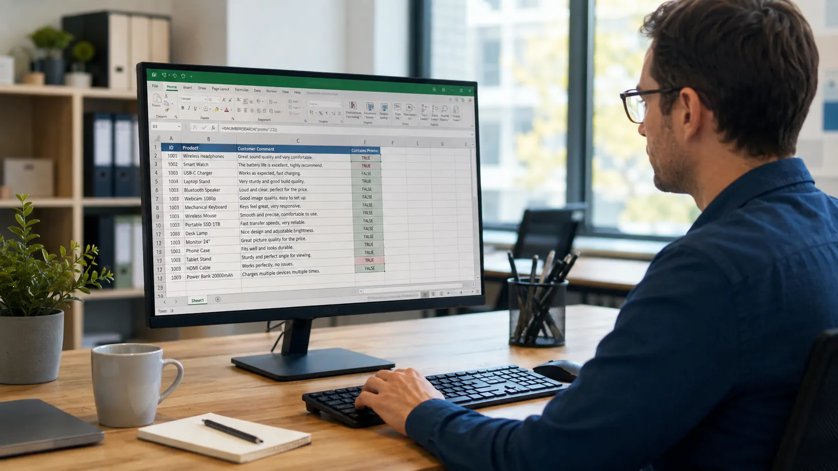 Utilisateur appliquant une formule Excel pour vérifier si une cellule contient un mot ou une partie de texte.