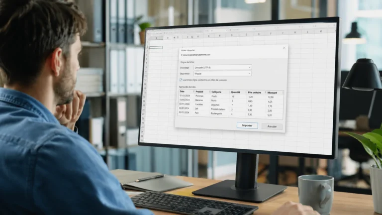 Utilisateur important un fichier CSV dans Excel avec aperçu des colonnes, du séparateur et de l’encodage UTF-8.