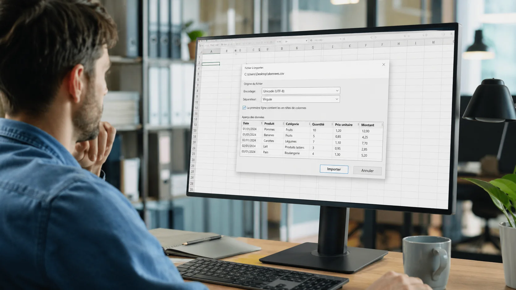Utilisateur important un fichier CSV dans Excel avec aperçu des colonnes, du séparateur et de l’encodage UTF-8.