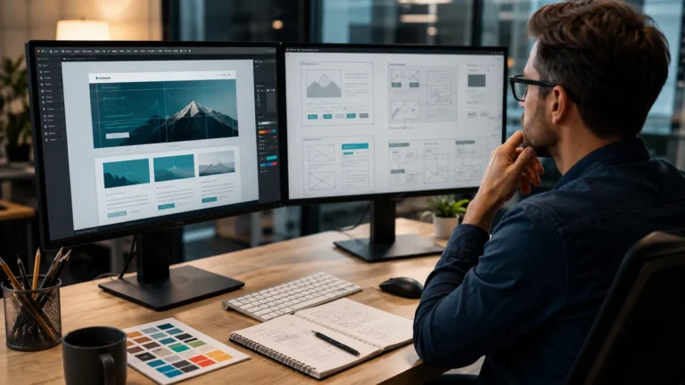 Webdesigner préparant la refonte d’un site WordPress à partir de maquettes et d’une nouvelle interface.