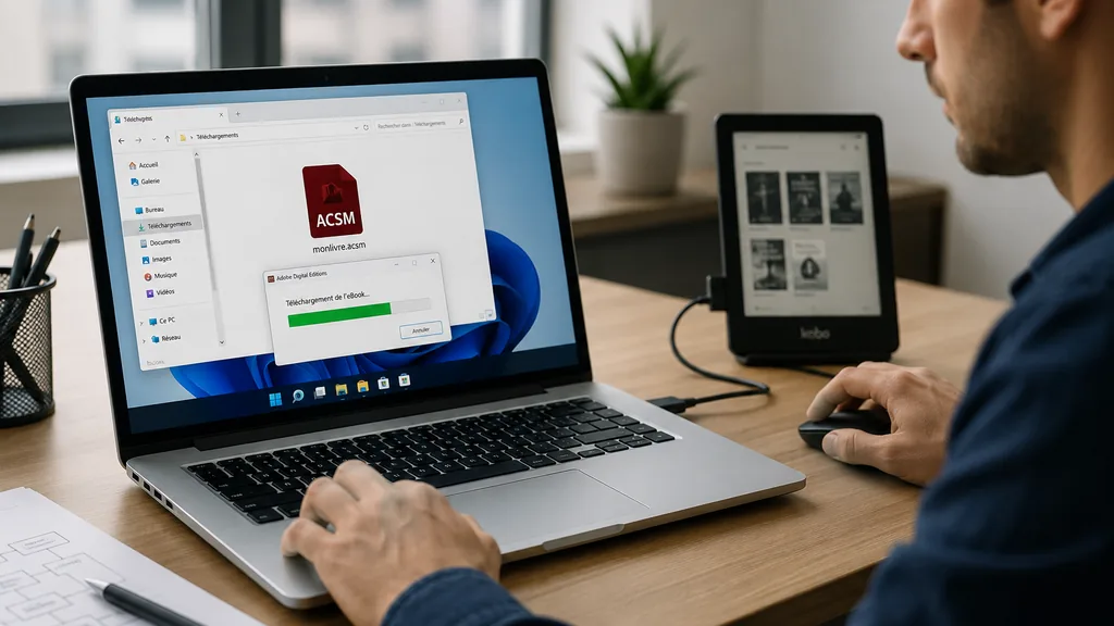 Utilisateur ouvrant un fichier ACSM avec Adobe Digital Editions pour télécharger un ebook sur ordinateur