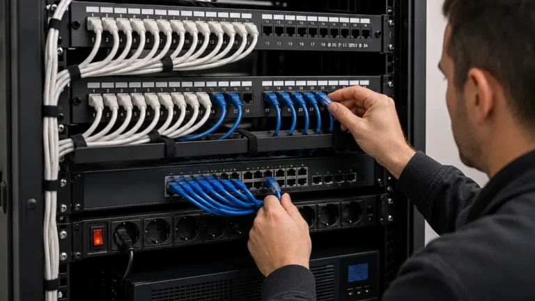 Technicien câblant une baie de brassage avec panneau RJ45, switch réseau et cordons Ethernet organisés