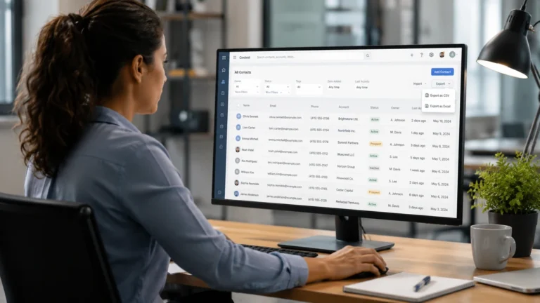 Professionnelle exportant des contacts SalesTrack CRM au format CSV