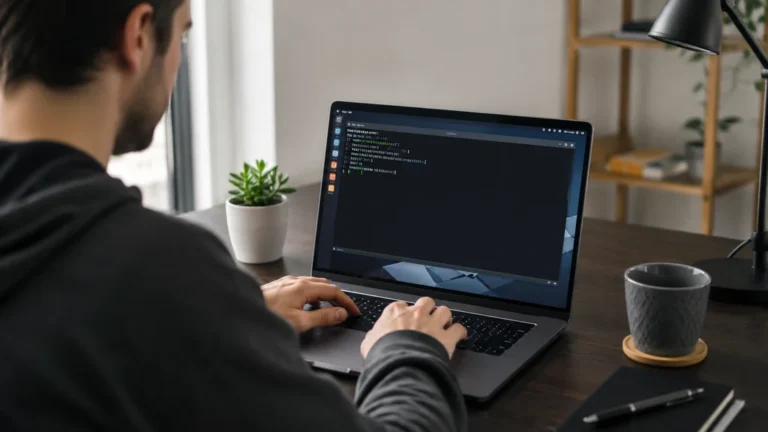 Utilisateur créant un fichier Linux depuis un terminal sur son ordinateur