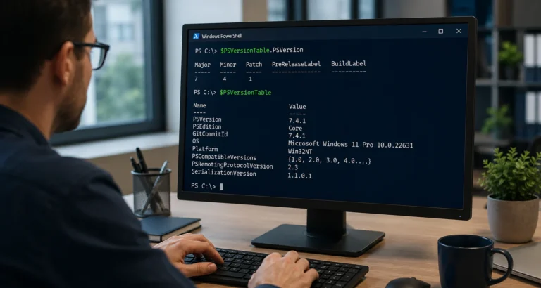 Administrateur informatique vérifiant la configuration d’Exchange SE depuis une console PowerShell