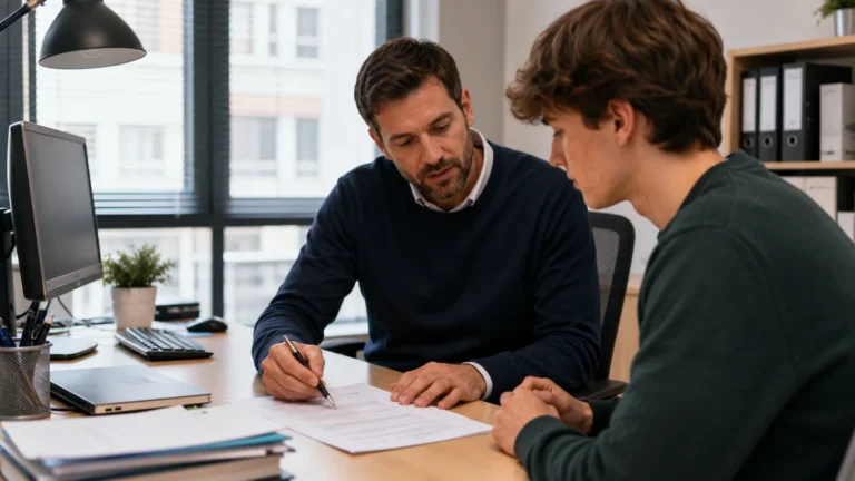 Tuteur échangeant avec un stagiaire lors d’un bilan professionnel et rédigeant son appréciation de fin de stage.