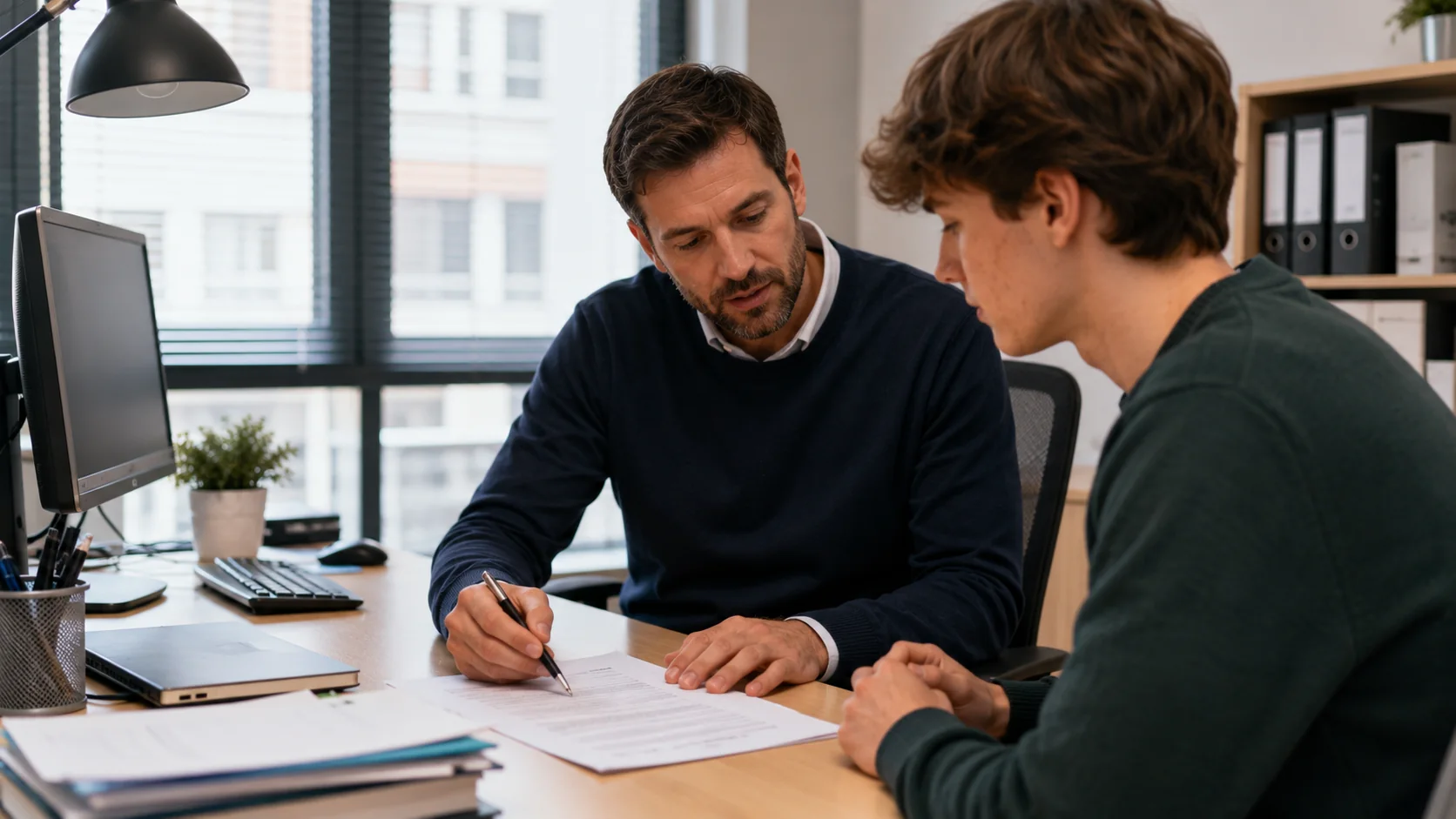 Tuteur échangeant avec un stagiaire lors d’un bilan professionnel et rédigeant son appréciation de fin de stage.