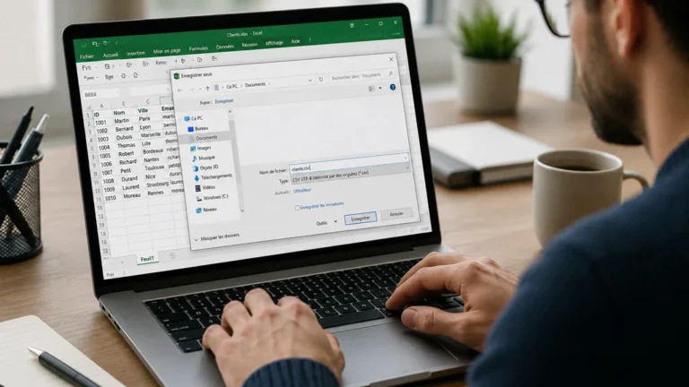 Utilisateur exportant un tableau de données en fichier CSV depuis un logiciel de tableur sur ordinateur
