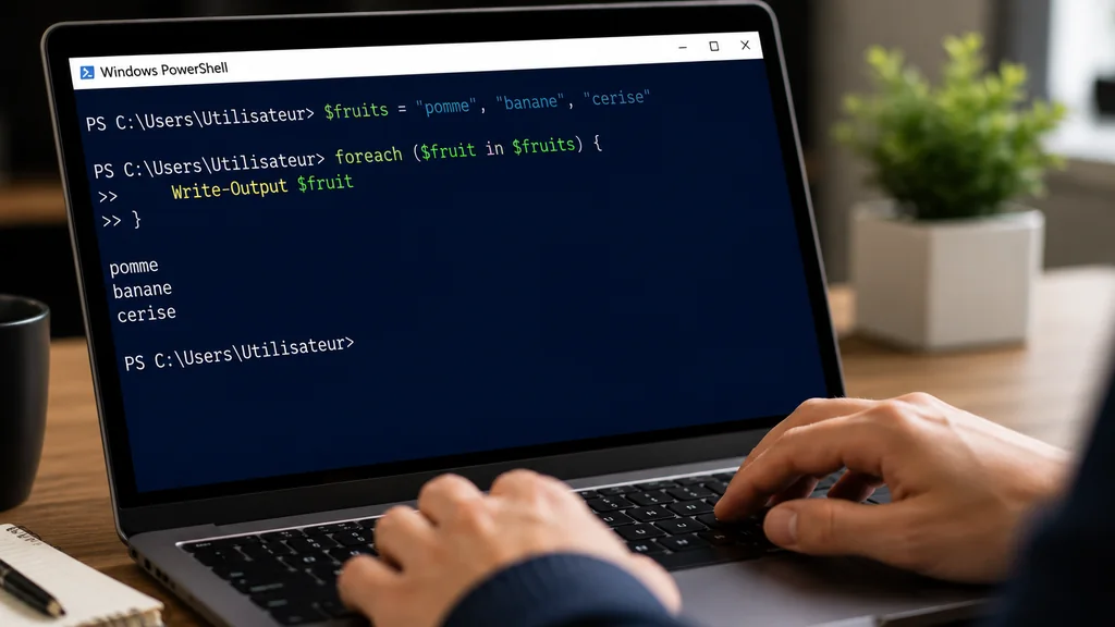 Utilisateur exécutant une boucle foreach dans PowerShell sur un ordinateur portable.