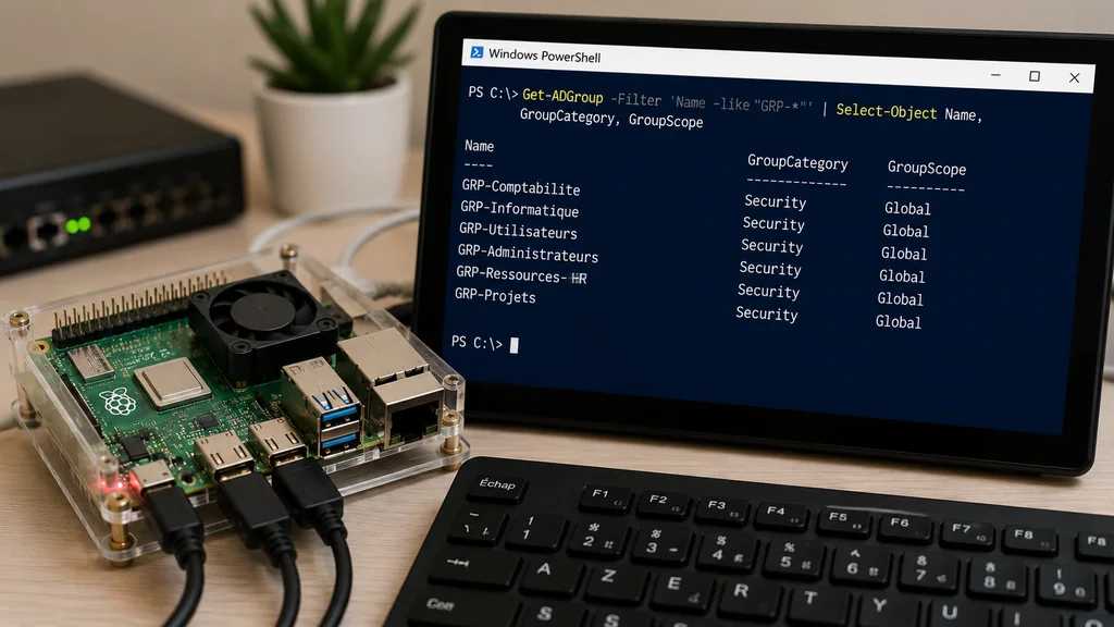 Administrateur consultant des groupes Active Directory avec la commande Get-ADGroup dans PowerShell.