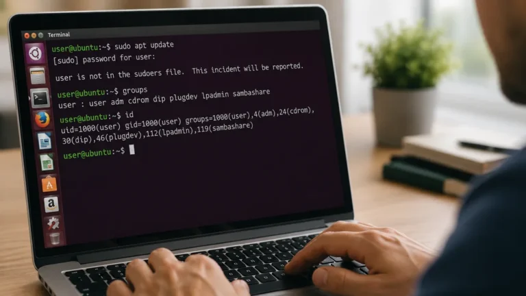 Utilisateur consultant un terminal Linux après une erreur indiquant que son compte n’est pas dans le fichier sudoers.