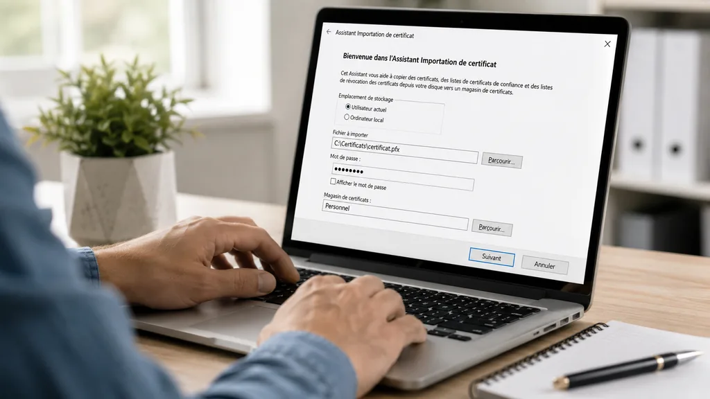 Importation d’un fichier PFX dans l’assistant de certificats Windows sur un ordinateur portable