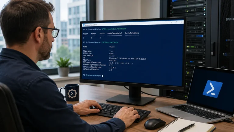 Administrateur vérifiant la version de PowerShell sur un ordinateur Windows