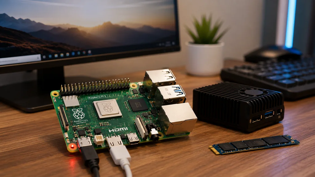 Raspberry Pi 5 installé sur un bureau avec système de refroidissement et stockage SSD NVMe.