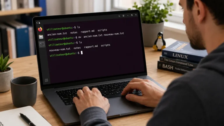 Utilisateur renommant un fichier Linux avec la commande mv dans un terminal