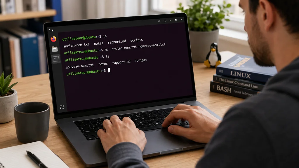 Utilisateur renommant un fichier Linux avec la commande mv dans un terminal