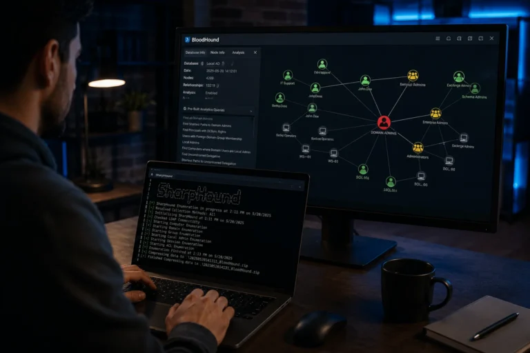 Analyste sécurité cartographiant les relations Active Directory avec SharpHound et BloodHound
