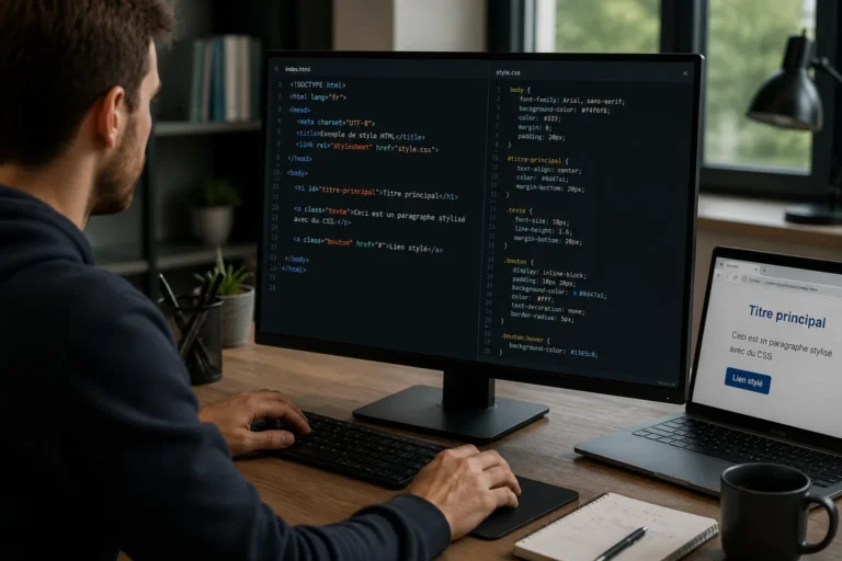 Développeur web appliquant du style HTML et CSS sur une page depuis un poste de travail moderne