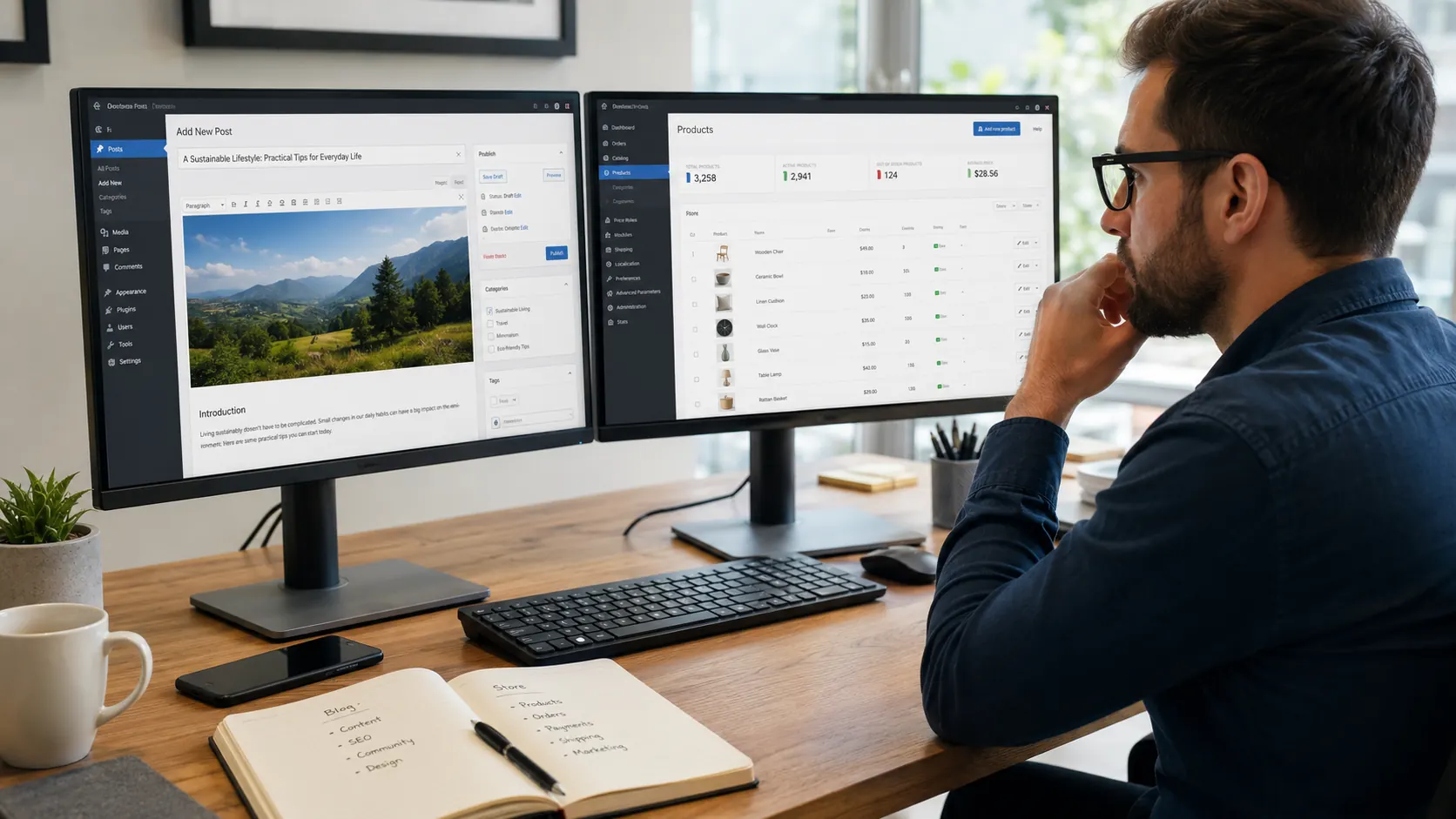 Professionnel comparant WordPress avec WooCommerce et PrestaShop pour choisir la solution adaptée à une boutique en ligne.