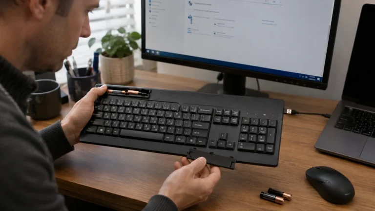 Utilisateur vérifiant les piles d’un clavier sans fil K270 qui ne s’allume plus