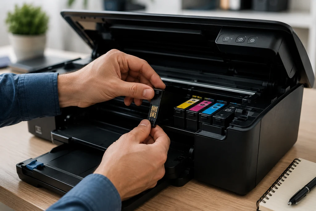 Réinstallation d’une cartouche compatible dans une imprimante Epson pour résoudre une erreur de reconnaissance