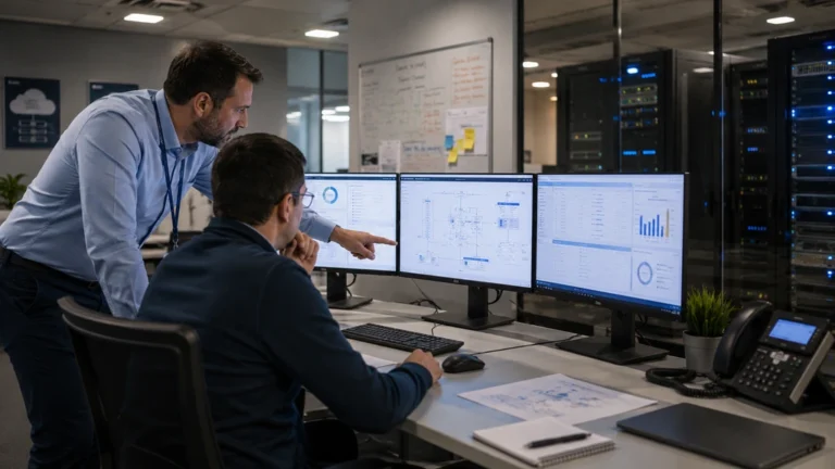Professionnels informatiques supervisant un système d’information externalisé dans une salle de serveurs