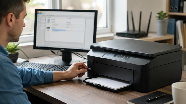 Utilisateur vérifiant la connexion d’une imprimante inactive depuis son ordinateur