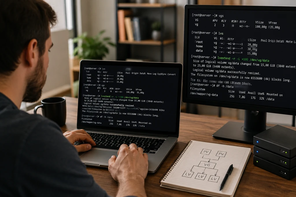 Administrateur Linux utilisant la commande lvextend pour agrandir un volume logique LVM