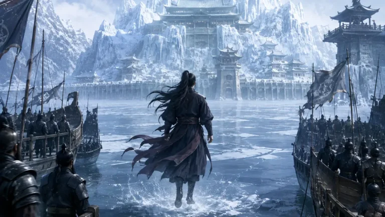 Guerrier avançant sur un lac gelé vers le Palais de Glace de la Mer du Nord entouré de navires