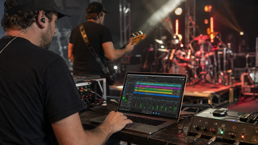 Technicien pilotant des pistes audio multipistes sur Mac pendant un concert