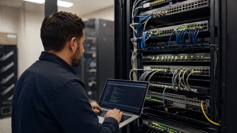 Administrateur configurant le Port Security sur des switchs Cisco dans une baie réseau