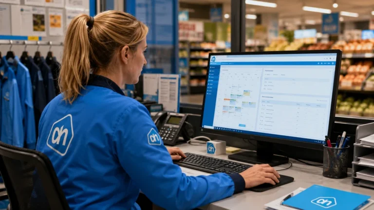 Employée Albert Heijn consultant son planning professionnel sur le portail interne AH SAM