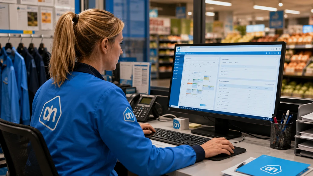 Employée Albert Heijn consultant son planning professionnel sur le portail interne AH SAM