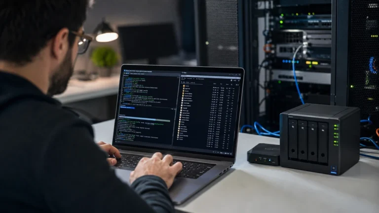 Administrateur configurant un serveur SCP sécurisé avec OpenSSH dans une salle serveur