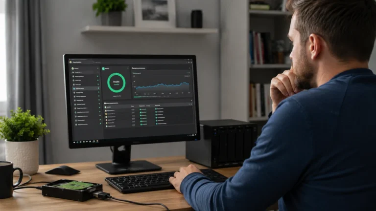 Utilisateur analysant la santé SMART et les performances d’un disque dur connecté à son ordinateur